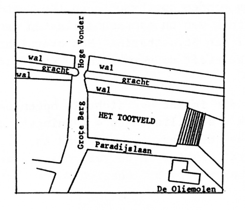 Tekening van de plaats en vorm van het Tootveld (tekening Jan Melssen)